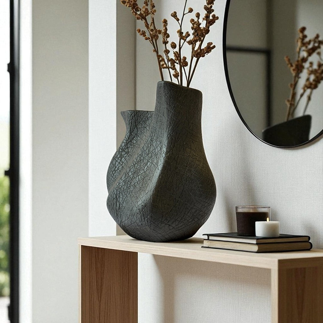 Everest Terracotta Vessel, Hand-painted in Jet Black, 11.4"L x 13.4"H