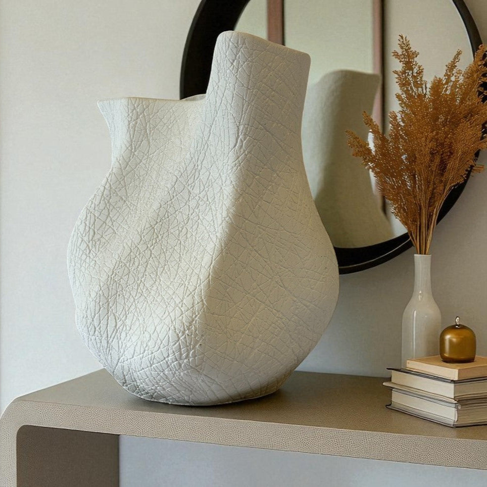 Everest Terracotta Vessel, Hand-painted in White Dove, 11.4"L x 13.4"H
