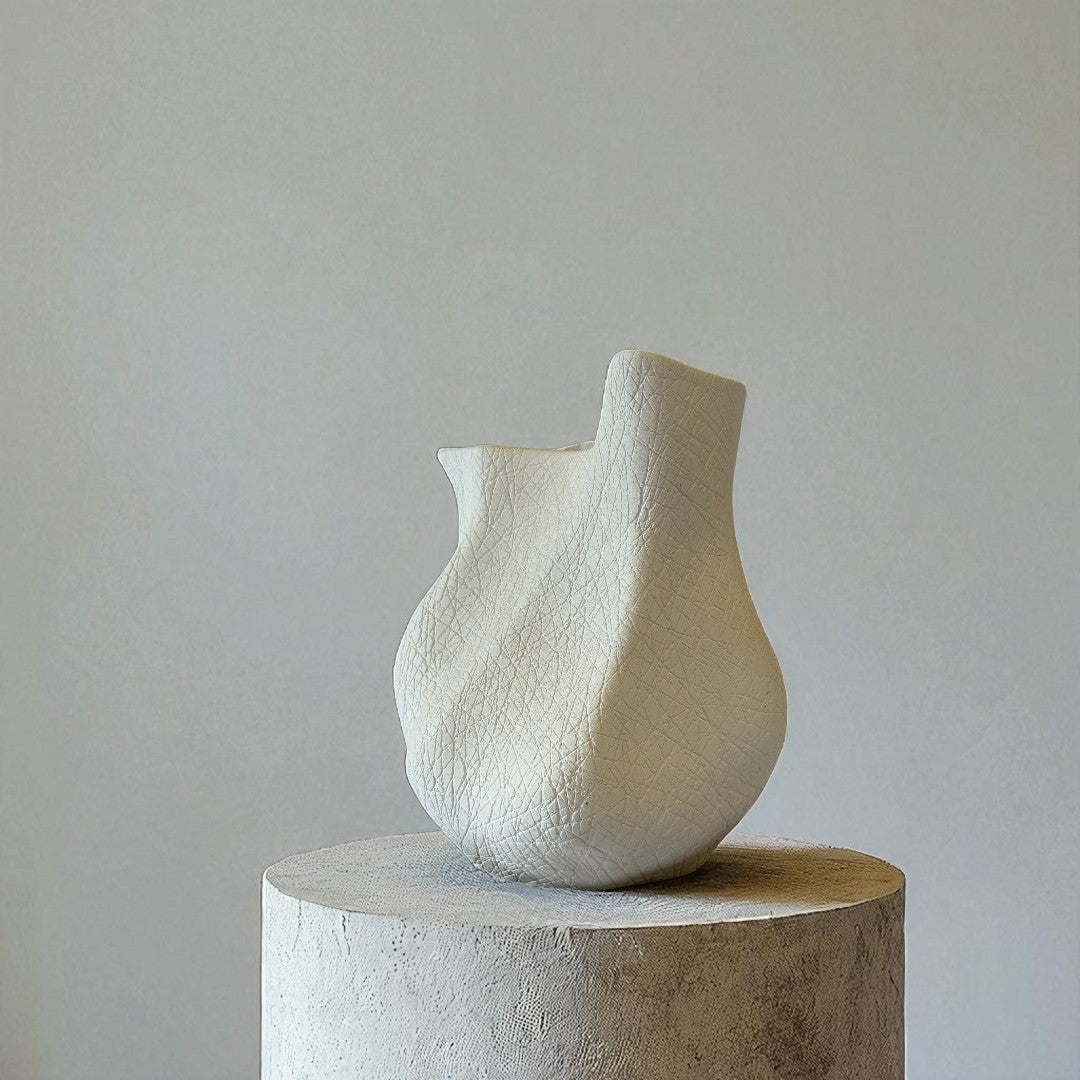 Everest Terracotta Vessel, Hand-painted in White Dove, 11.4"L x 13.4"H