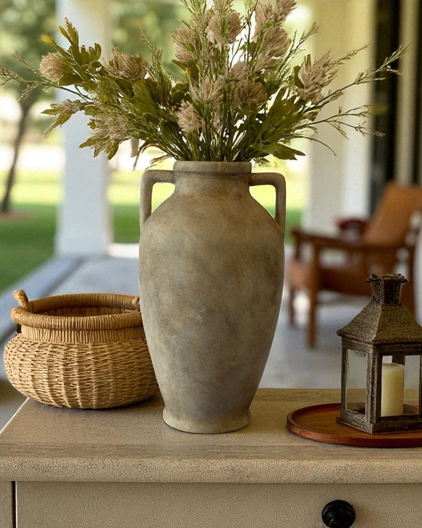 Hearth Terracotta Pot with Handles, Hand-Painted in Aged White, 6.9"D X 12.6"H