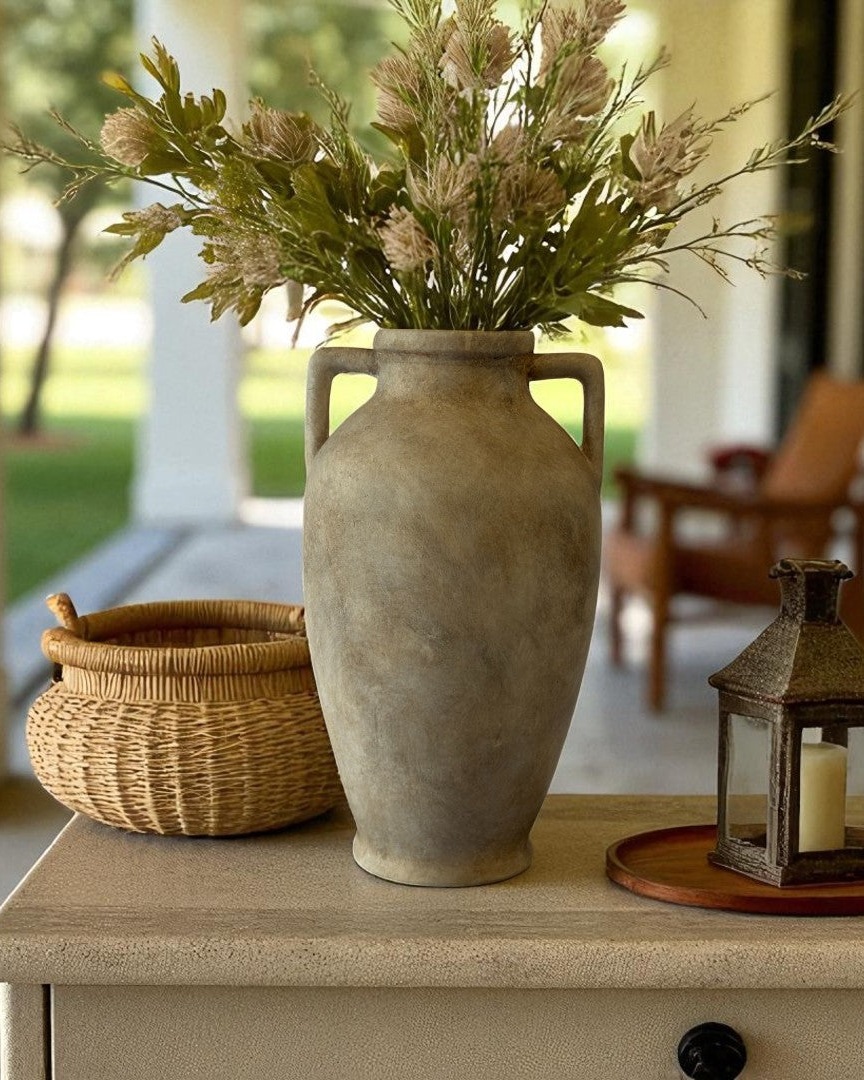 Hearth Terracotta Pot with Handles, Hand-Painted in Aged White or Aged Black, 6.9"D X 12.6"H