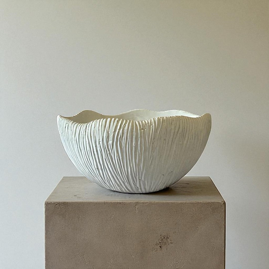 Somerset Bowl, Artisan Cement Display Piece Hand-painted in White Dove, 11.6" L x 9.8" W x 5.9" H
