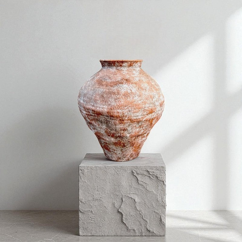 Mojave Rustique Fiber Clay Vessel, Hand-Painted in Aged Terracotta 15.7" D x 18.8" H