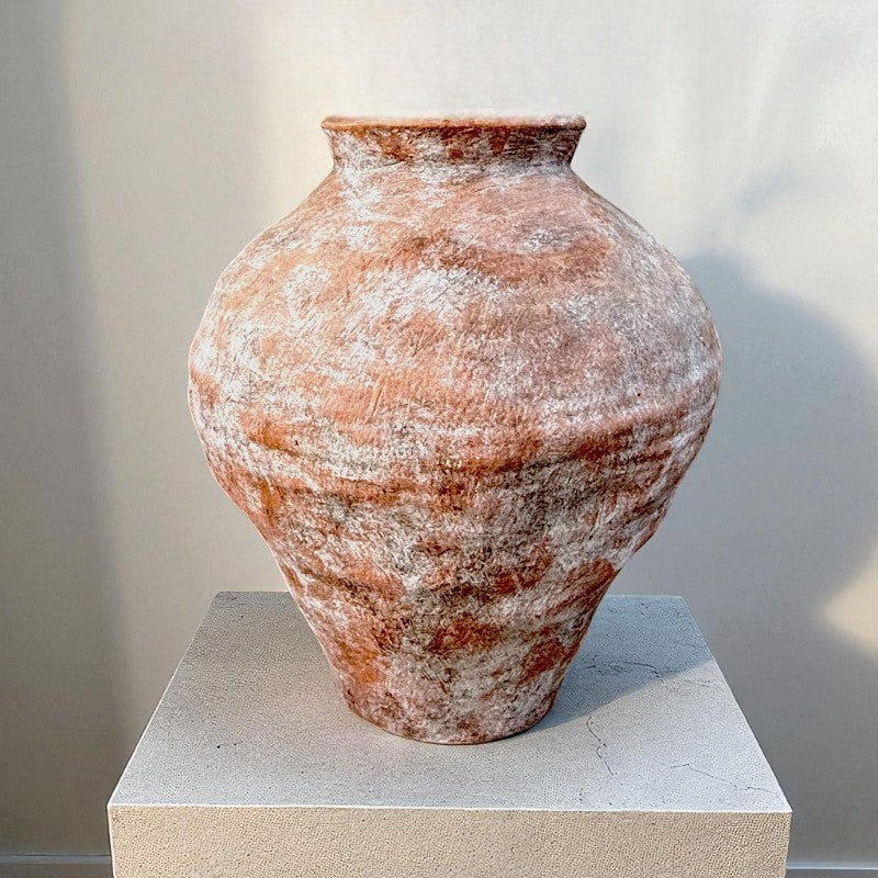 Mojave Rustique Fiber Clay Vessel, Hand-Painted in Aged Terracotta 15.7" D x 18.8" H