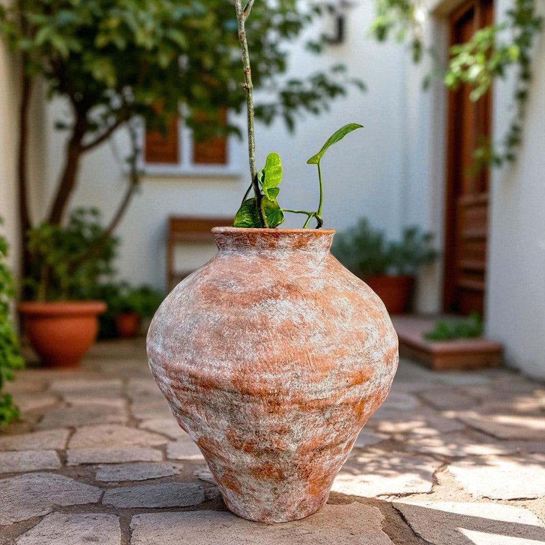Mojave Rustique Fiber Clay Vessel, Hand-Painted in Aged Terracotta 15.7" D x 18.8" H