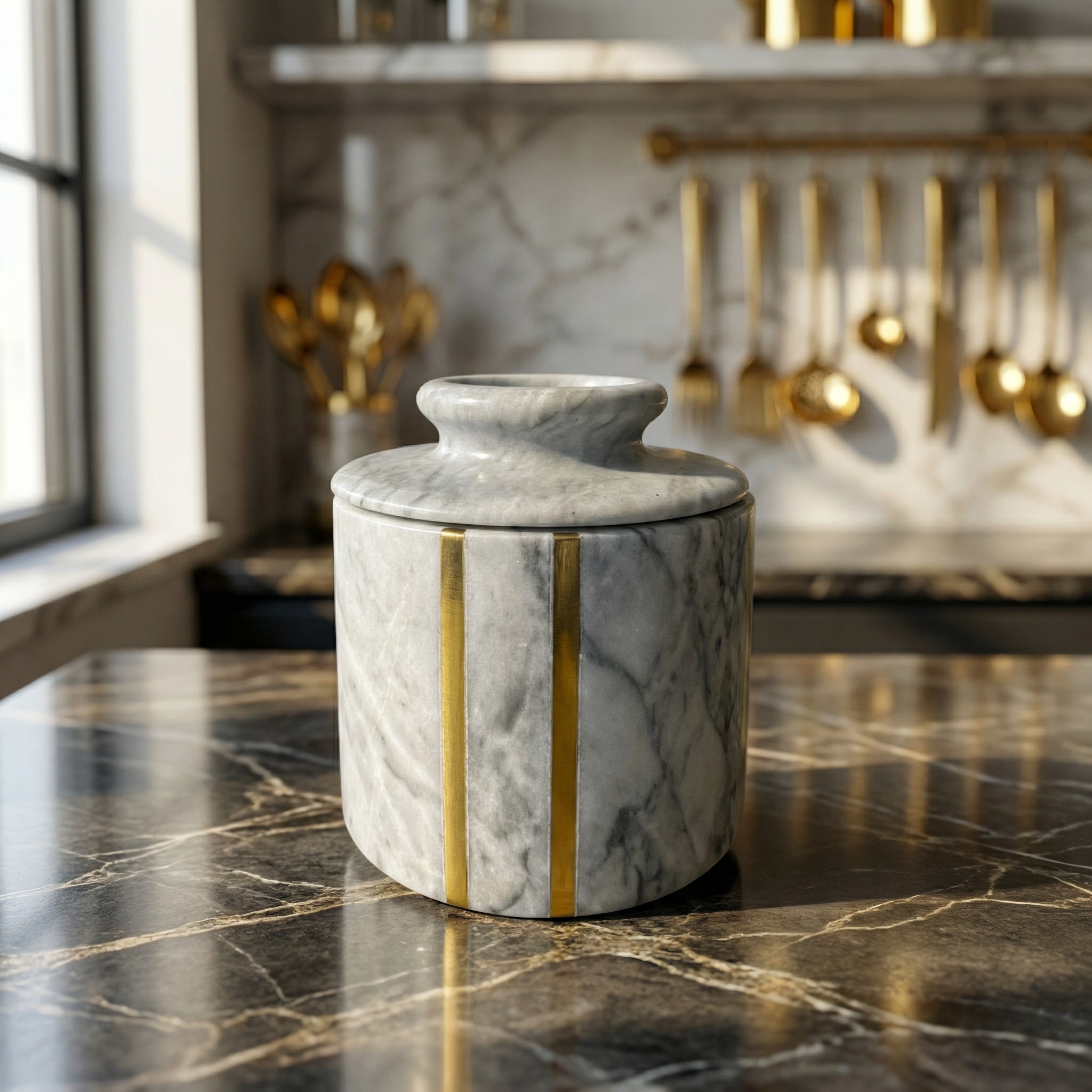 Seraphina Marble Butter Jar, 4"D x 4.5"H