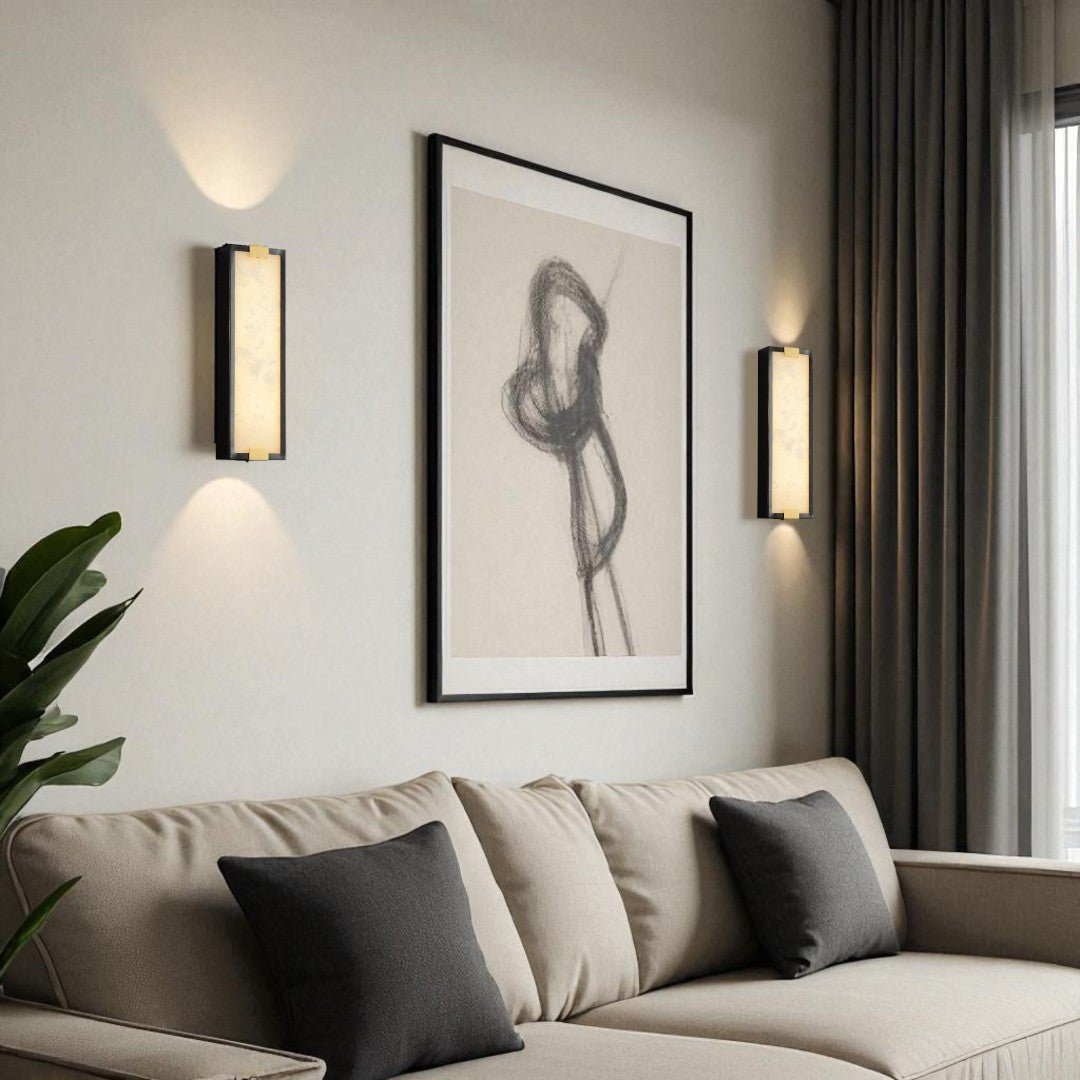 Sylvia Collection, Natural Alabaster & Solid Brass, Luxe Sconce; Class, Boldness, and Natural Beauty for Upscale Spaces, 4.72" L x 1.97" W x 15.75" H