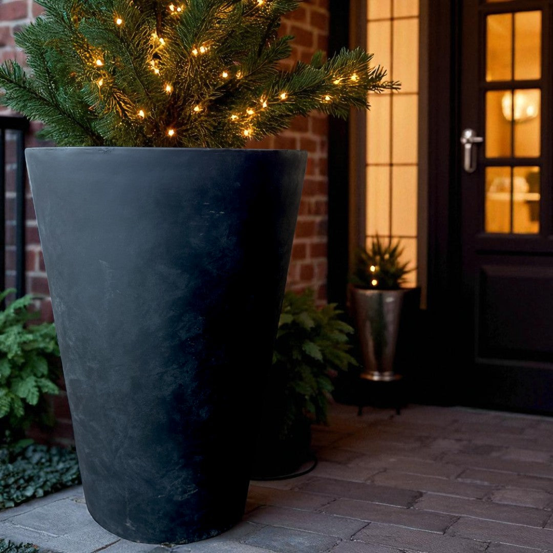 Tahiti Fiber Clay Planter, Hand-painted in Weathered Black, 19.6"D x 27.5"H