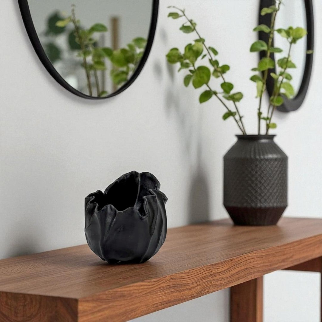 Theia, Black Ceramic Sculptural Vase, 7.3"L x 5.7"W x 6.1"H