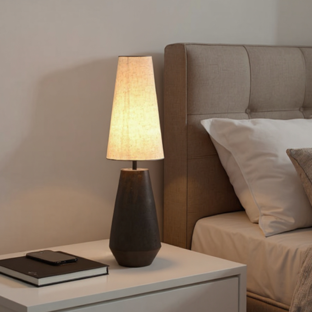Zyra, Dark Geometric Base Lamp with Winter Glow Textile Shade, 9.8" D x 31.5" H