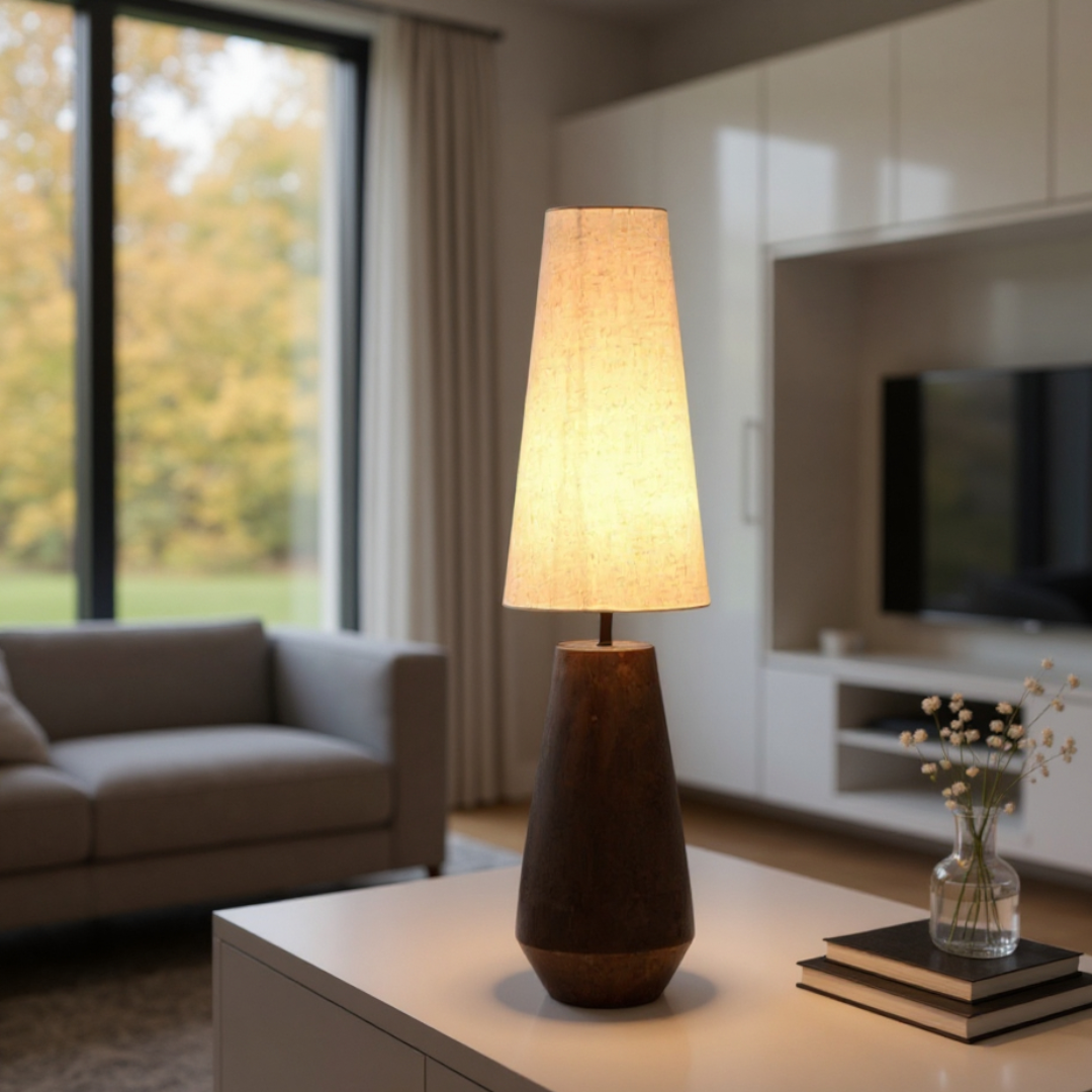 Zyra, Dark Geometric Base Lamp with Winter Glow Textile Shade, 9.8" D x 31.5" H