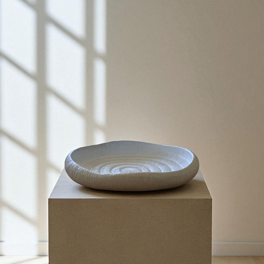 Zephyr Serving Tray, Artisan Cement Display Piece Hand-painted in White Dove, 14.1"L x 9.4"W x 2.3"H