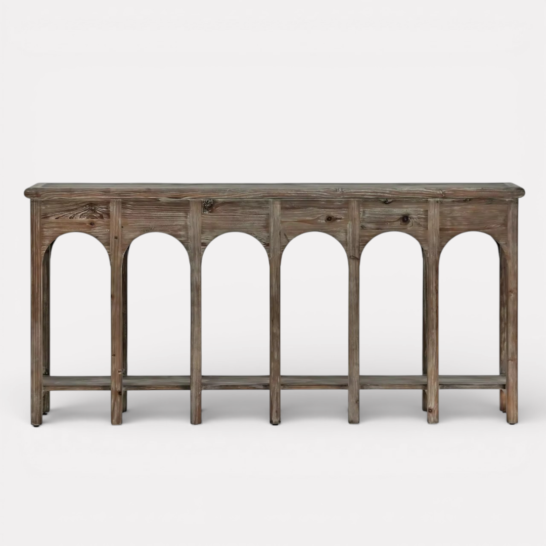 Aeris, Arched Reclaimed Pine Console Table in Cold Smoky Grey Finish, 70”L x 15”W x 33”H