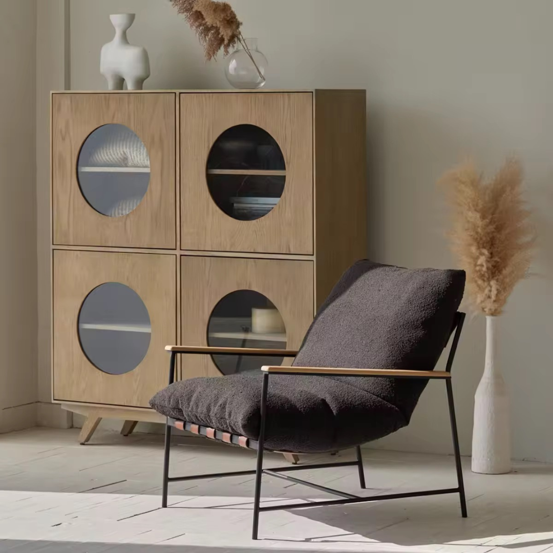 Vera, Steel & Leather Oversized Lounge Chair in Boucle Black, 33”L x 41”W x 34”H
