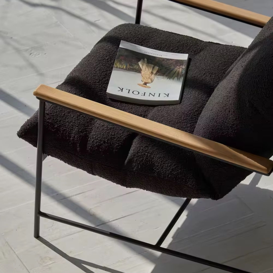 Vera, Steel & Leather Oversized Lounge Chair in Boucle Black, 33”L x 41”W x 34”H