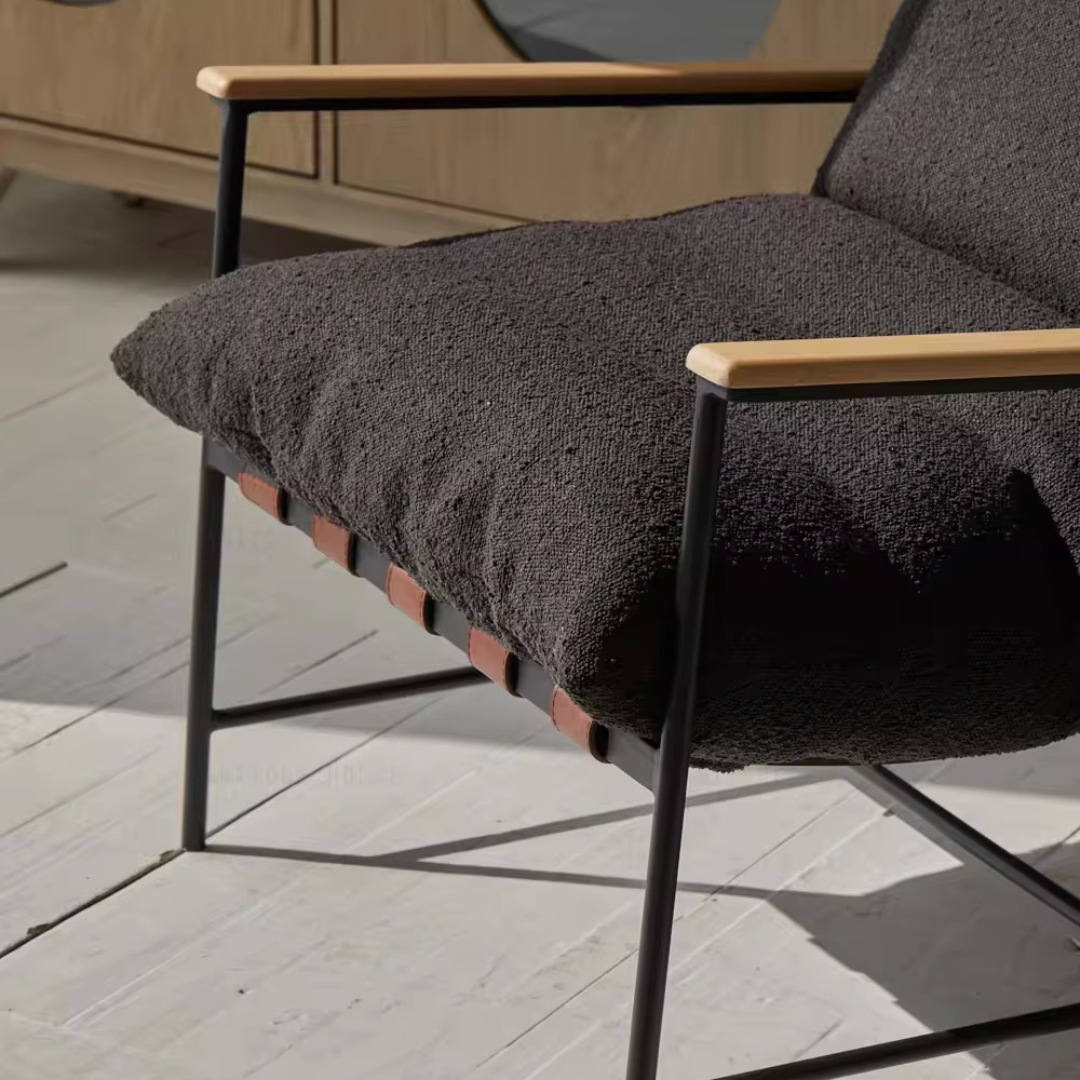 Vera, Steel & Leather Oversized Lounge Chair in Boucle Black, 33”L x 41”W x 34”H