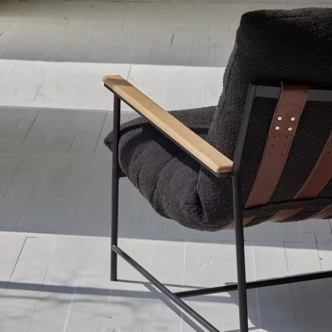 Vera, Steel & Leather Oversized Lounge Chair in Boucle Black, 33”L x 41”W x 34”H