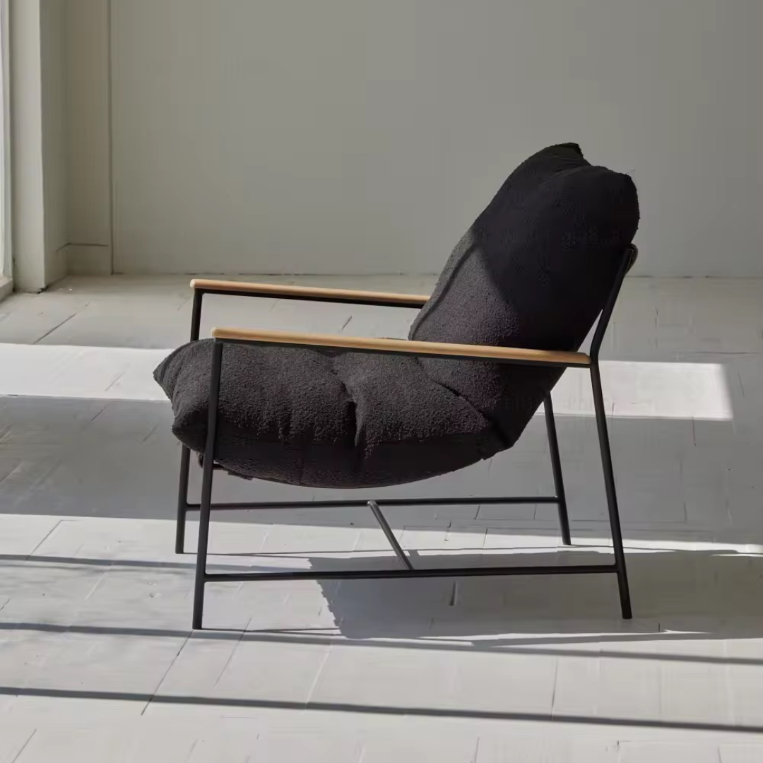 Vera, Steel & Leather Oversized Lounge Chair in Boucle Black, 33”L x 41”W x 34”H