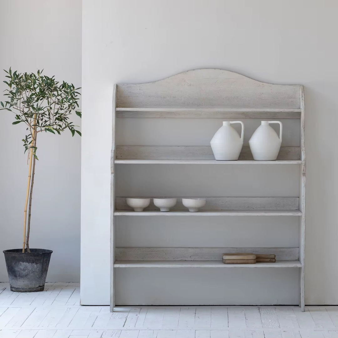 Elara, Reclaimed Pine Display Shelf in Brushed White Finish, 47”L x 12”W x 59”H