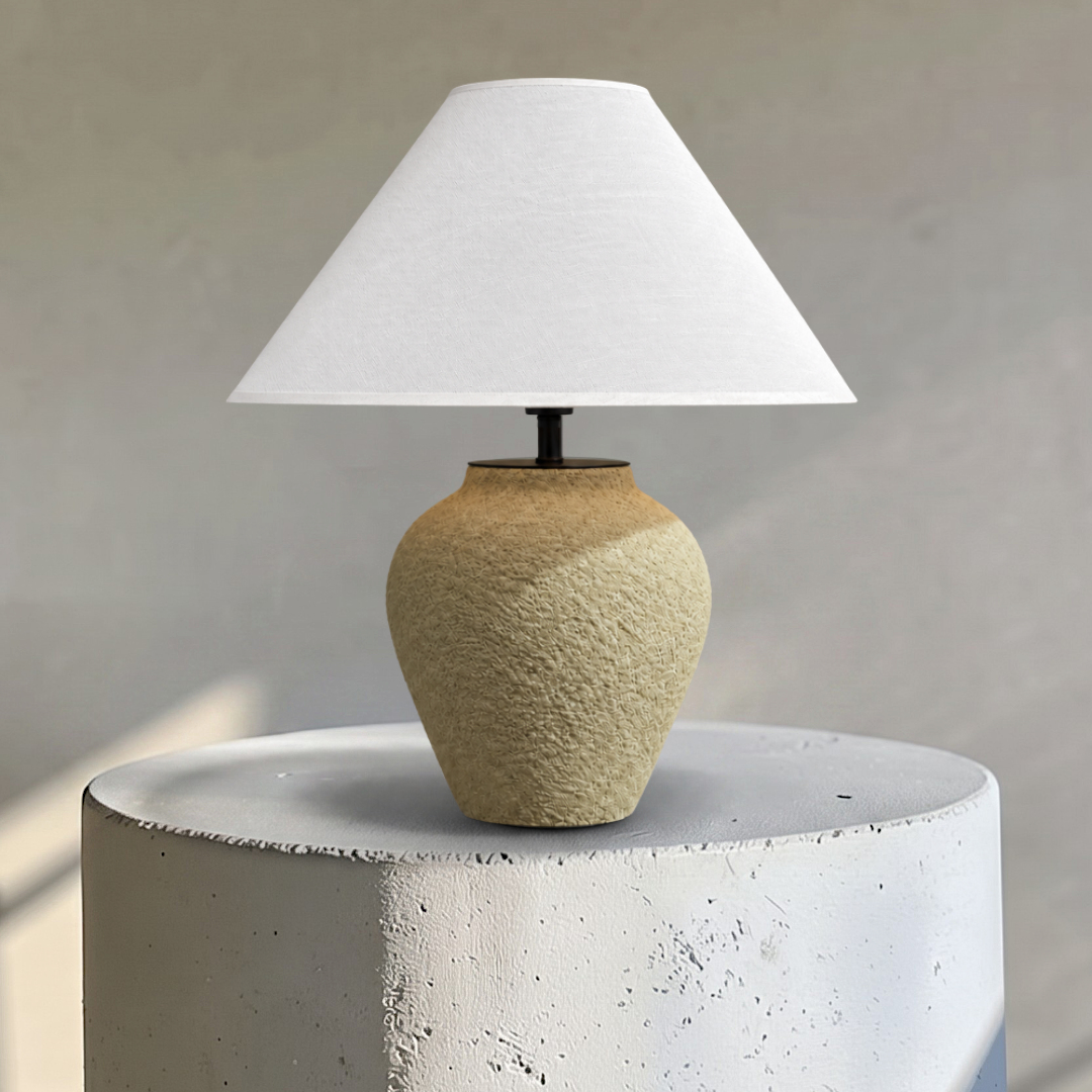 Myra, Textured Ceramic Base with Glow Hemp Blend Shade, 15" D x 25.6" H
