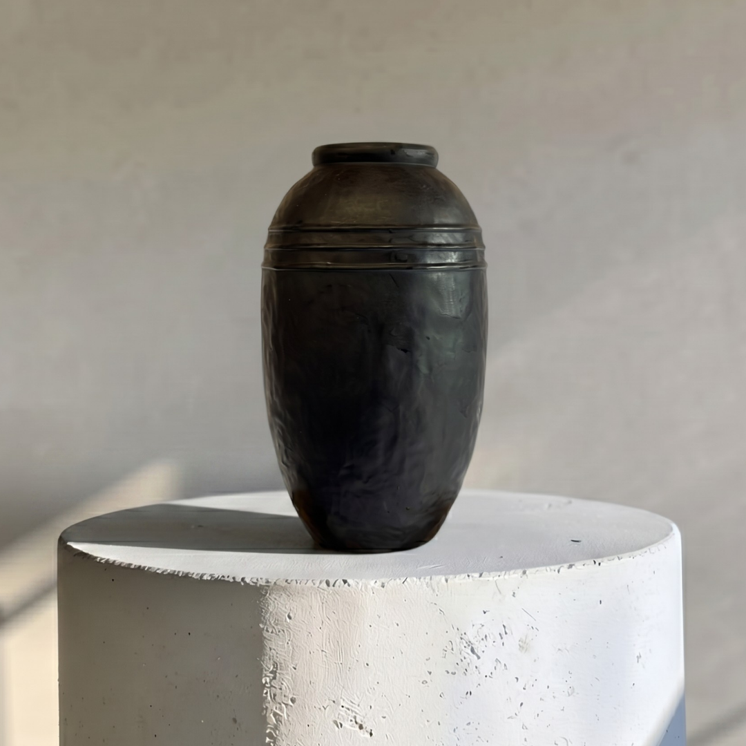 Arden Terracotta Vessel, hand-painted in Jet Black, 7.4"D x 13"H