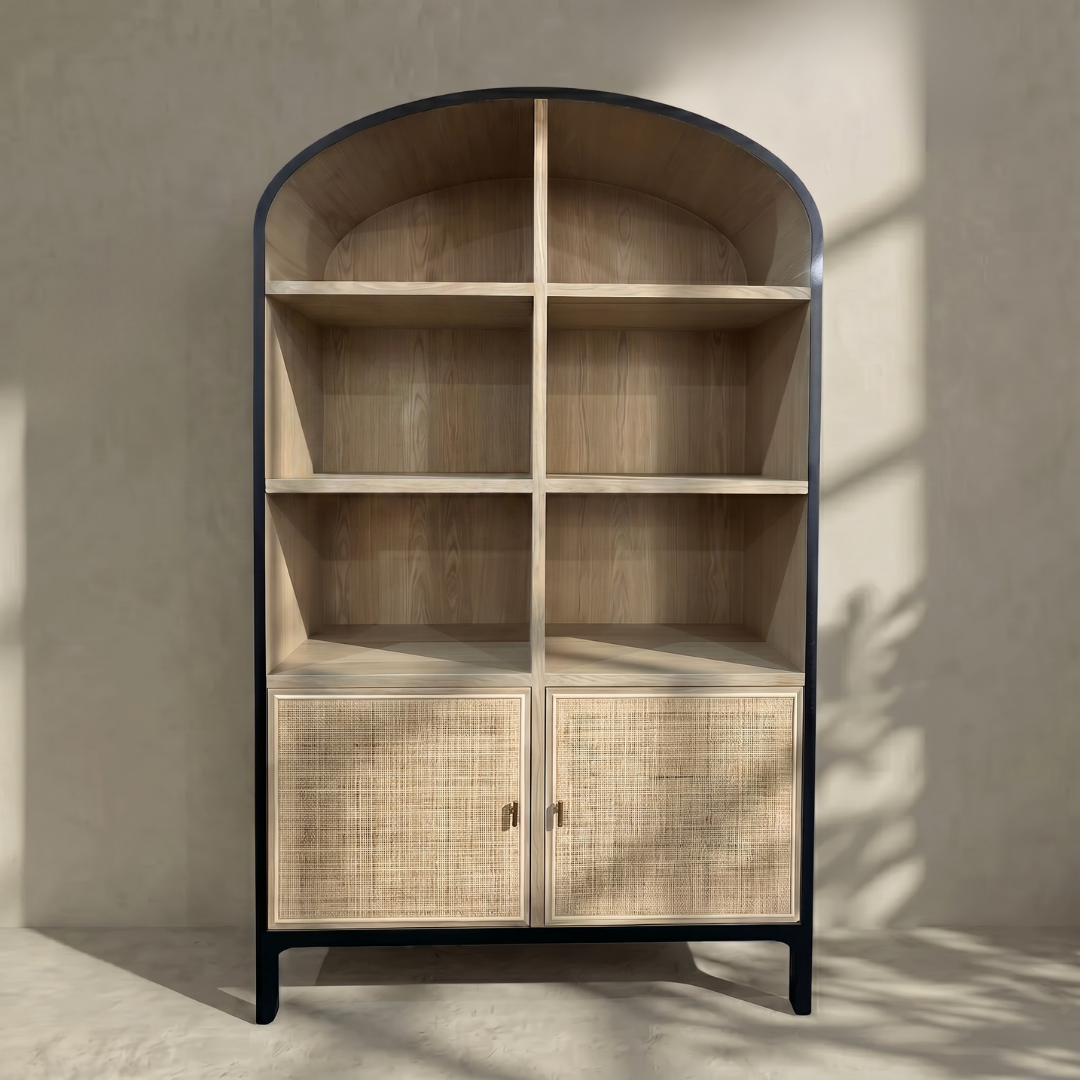 Arke, Oak & Rattan Display Bookcase in Natural Oak, Matte Brushed Black & Rattan Weave 50”L x 16.5”W x 83”H