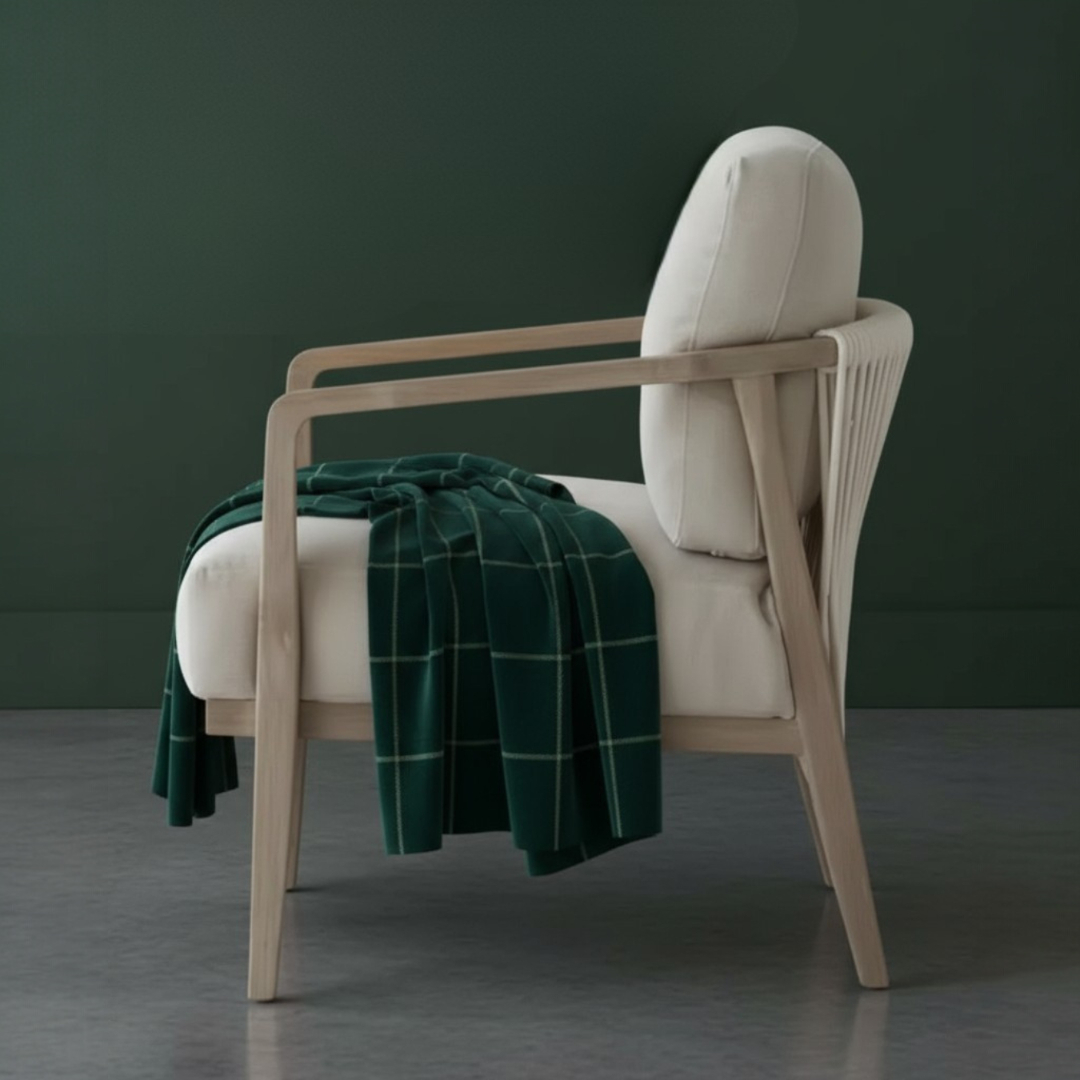 Arvora, Oak Rope Back Armchair in a Smoky Grey Finish with Oatmeal Linen Weave Upholstery & Hand Strung Rope Back Detail 30”L x 32”W x 35”H