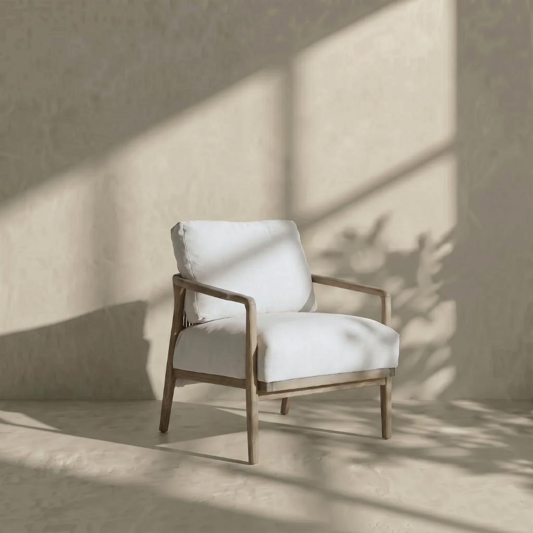 Arvora, Oak Rope Back Armchair in a Smoky Grey Finish with Oatmeal Linen Weave Upholstery & Hand Strung Rope Back Detail 30”L x 32”W x 35”H