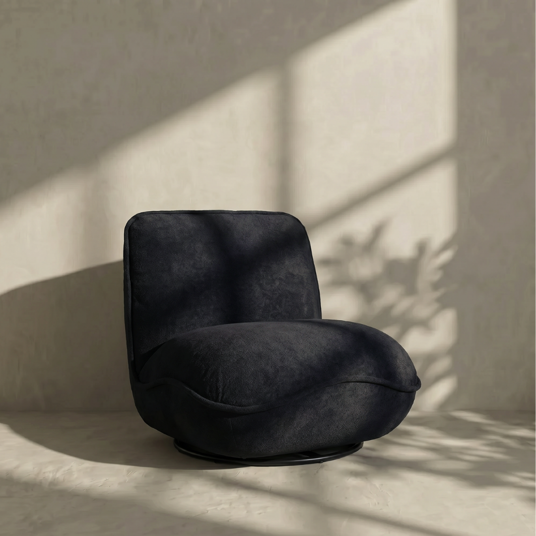 Avalon, Swivel Sofa Lounge Chair in Soft Black, 34”L x 38”W x 30”H