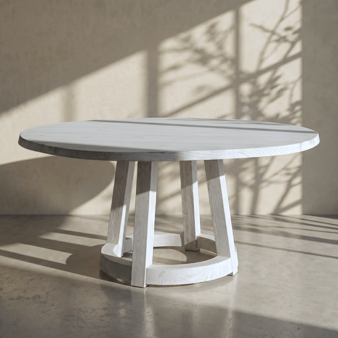 Celestin, White Pine Dining Table in Soft White Limewash Finish, 63”D x 30”H