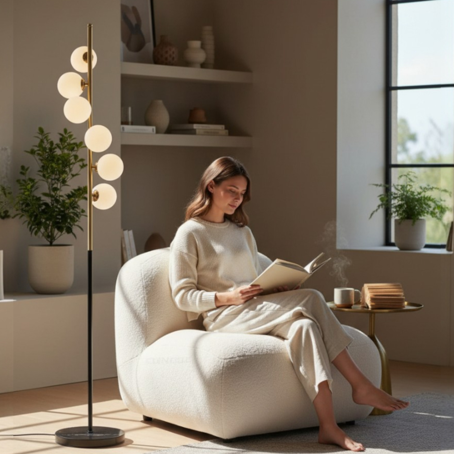 Elyndra, Luxe Oversized Sofa Lounge Chair in Creamy White Boucle, 33”L x 40”W x 30”H