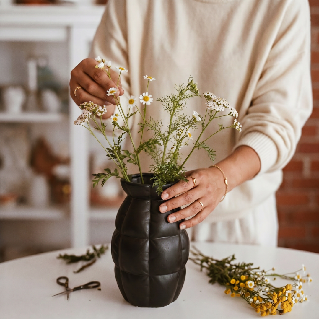 Skylark Terracotta Vase, Hand-painted in Jet Black, 5.5"D x 9"H