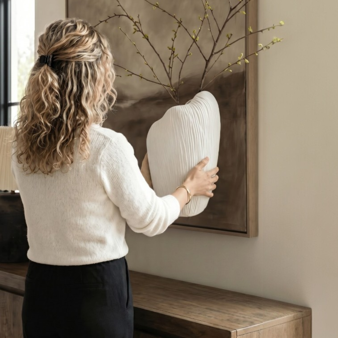 Zephyr Vasque, Artisan Cement Display Piece Hand-painted in White Dove, 8.2"D x 15.7"H