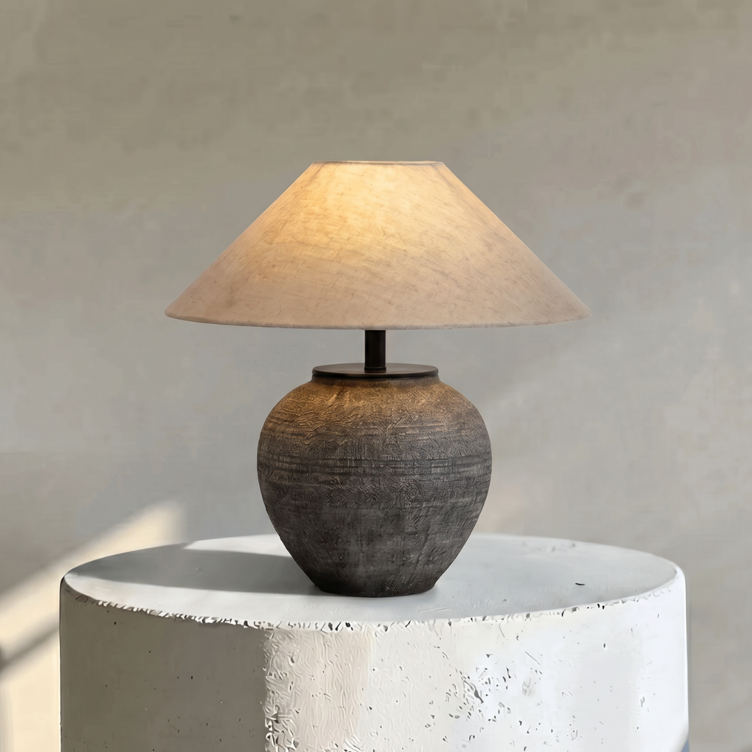 Erya, Textured Ceramic Base with Beige Glow Hemp Blend Shade, 15" D x 25.6" H