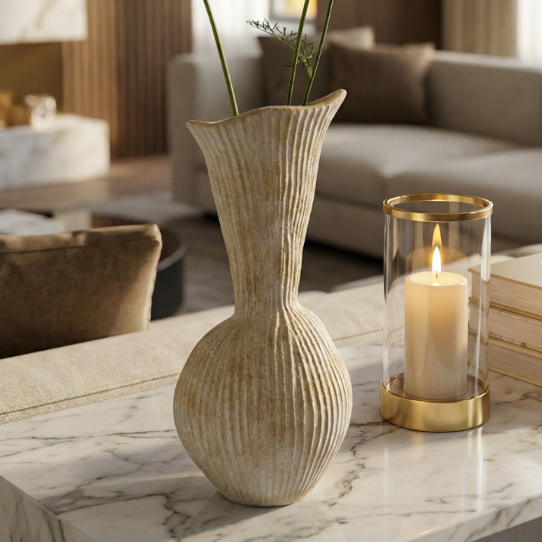 Everly Terracotta Vase Hand-painted in Sandwashed Ivory 4.7"D x 10.6"H