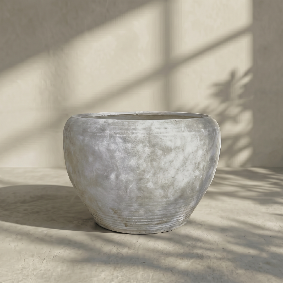 Titan XXL, Fiber Clay Pot, Hand-painted in Aged White, 28.3"D x 17"H