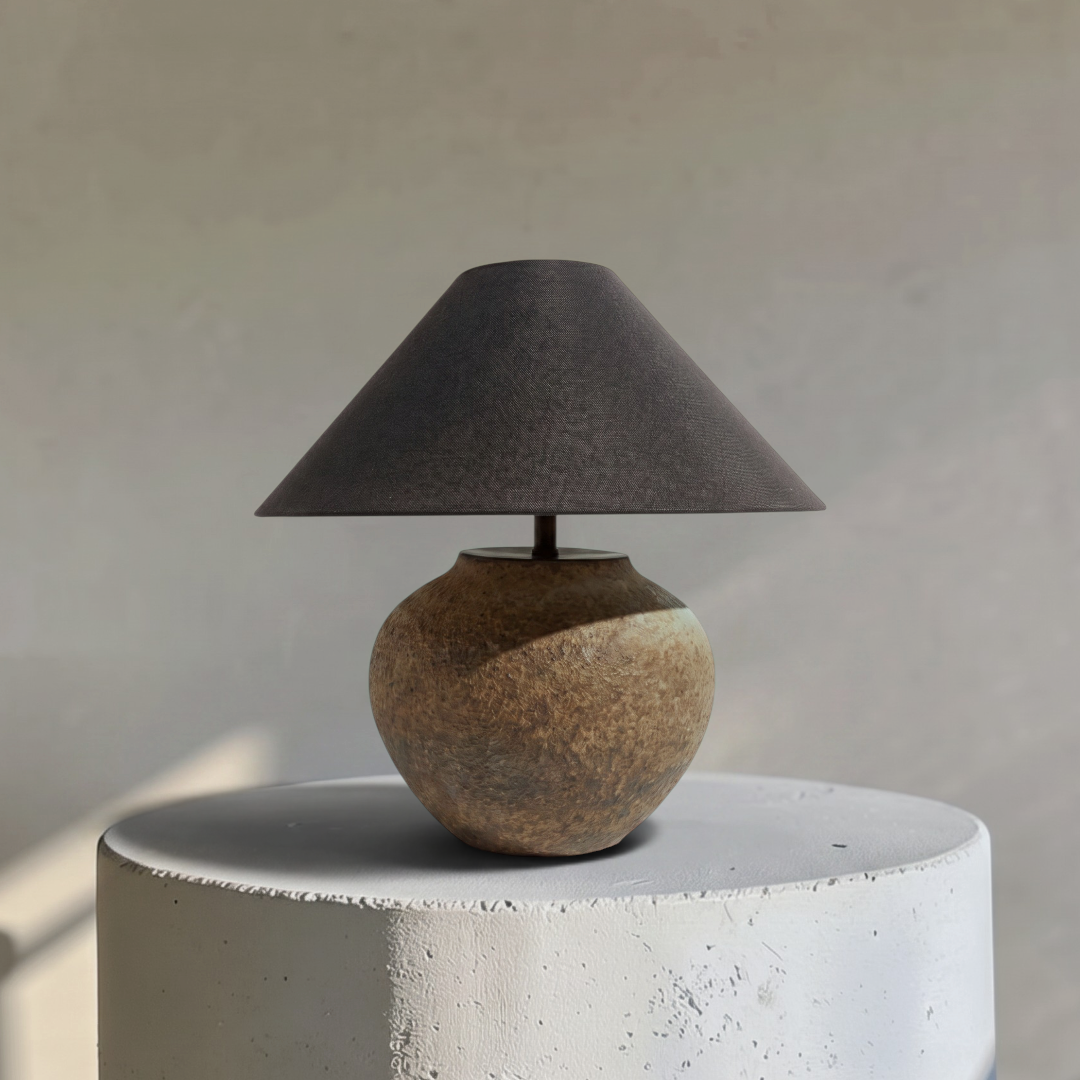 Nysa, Handcrafted Claystone Ceramic Form with Eclipse Weave Fabric Shade, 16.8" D x 18.5" H