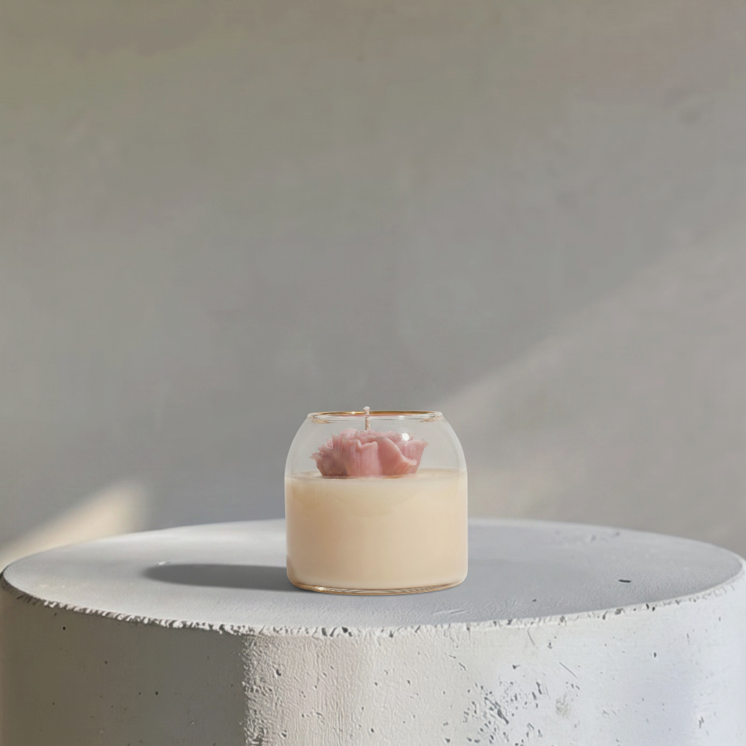 Spring Floral Bliss: Pink Peony & Papaya Scent- Pink Flower Infused Candle in Amber Glass