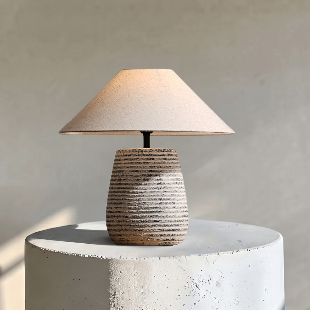 Solvia, Striated Sandstone Ceramic Base with Linen Dawn Fabric Shade, 19.7" D x 19.7" H