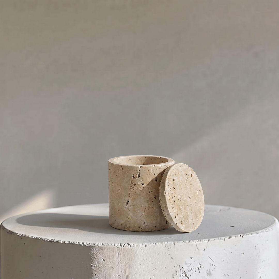 Rosalin Travertine Vessel with Lid