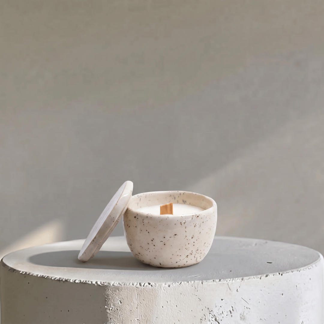 Speckled Solace, Handcrafted Candēla with Ceramic Vessel & Lid, 2.7" D x 2.7"H