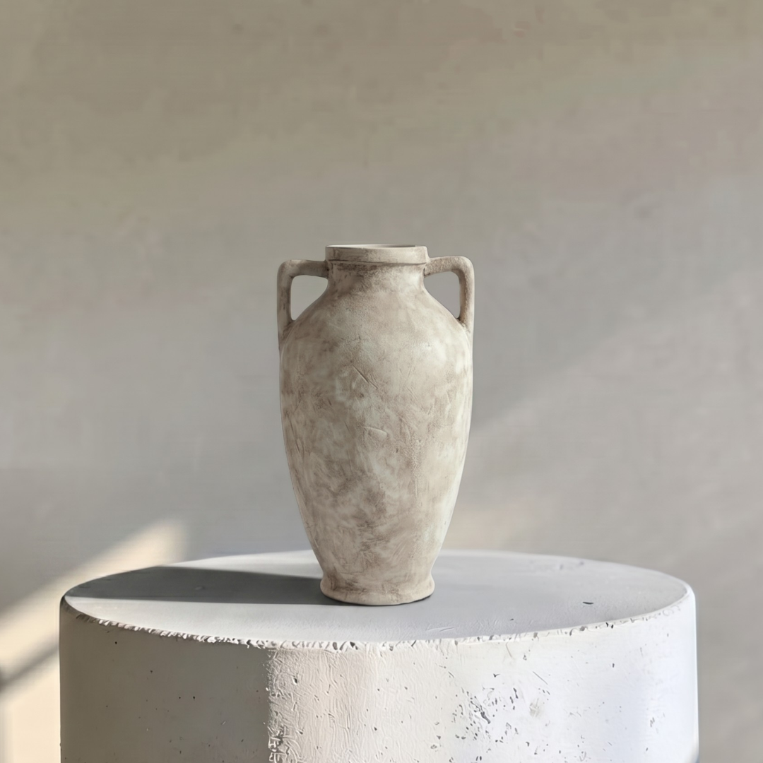Hearth Terracotta Pot with Handles, Hand-Painted in Aged White, 6.9"D X 12.6"H
