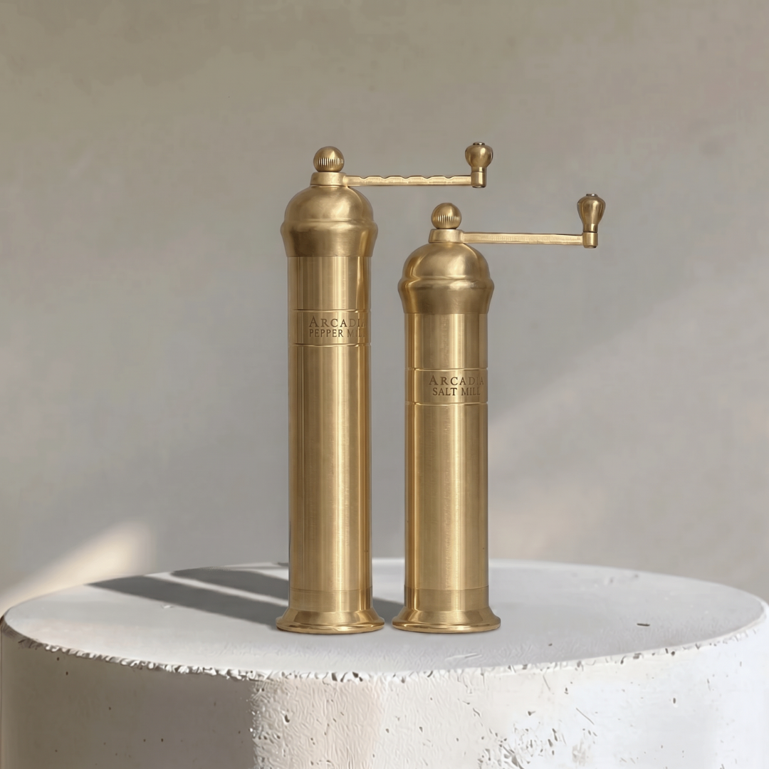 Arcadia, Vintage European Salt & Pepper Mill Set, Solid Polished Brass, Timeless and Elegant Grinders 2.0