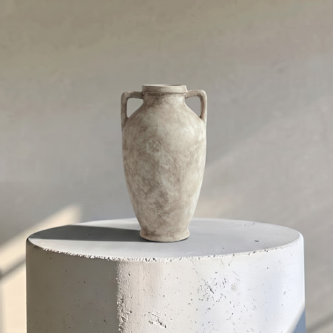 Hearth Terracotta Pot with Handles, Hand-Painted in Aged White, 6.9"D X 12.6"H