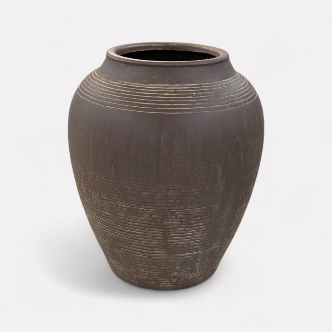 Heritage Classic Terracotta Vessel, Hand-Painted in Earthly Brown 7.8"D x 9.4"H