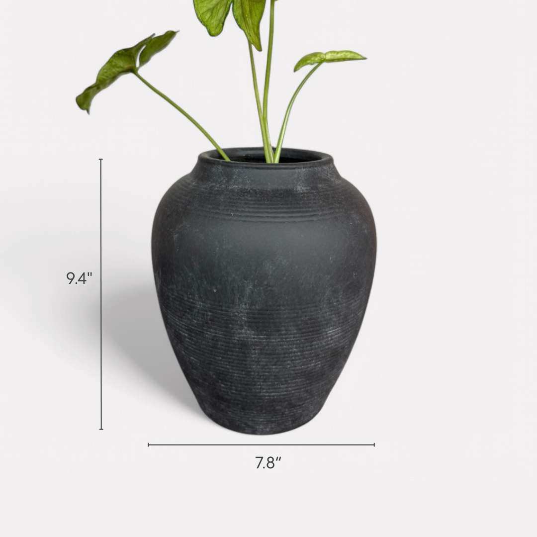 Heritage Classic Terracotta Vessel - Hand-Painted in Weathered Black, 7.8"D x 9.4"H