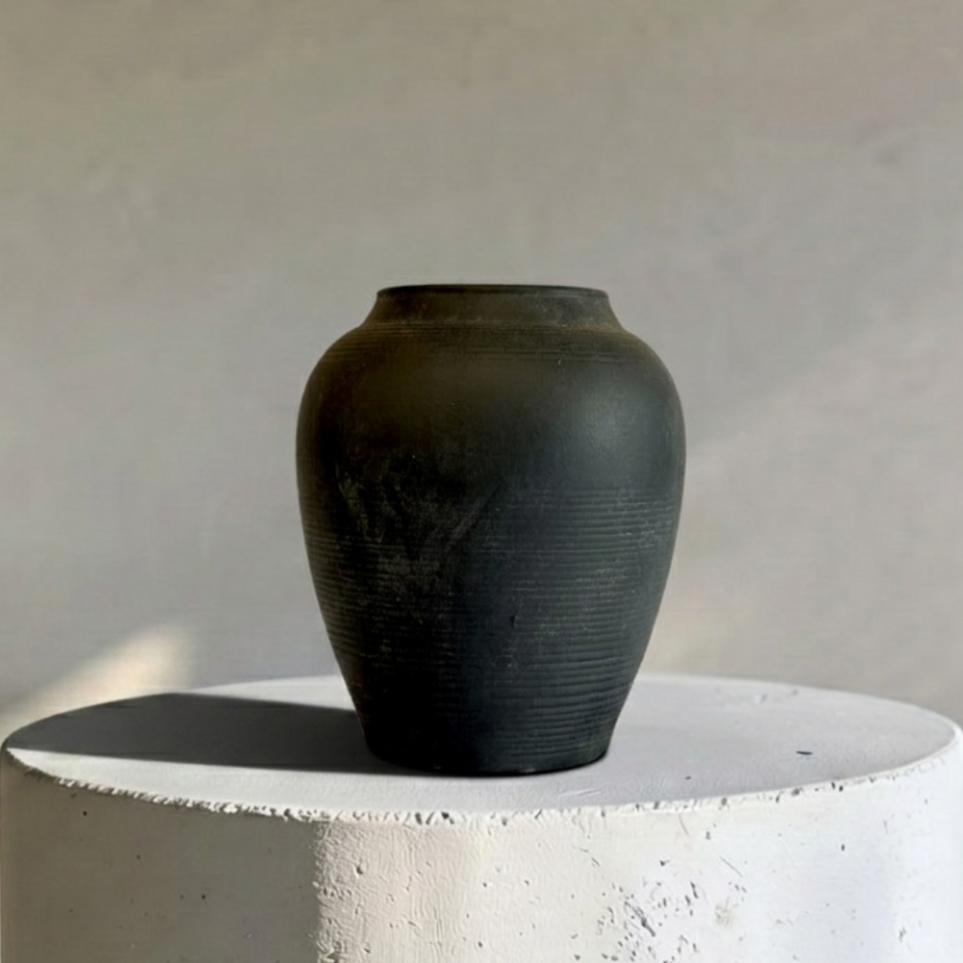 Heritage Classic Terracotta Vessel - Hand-Painted in Weathered Black, 7.8"D x 9.4"H