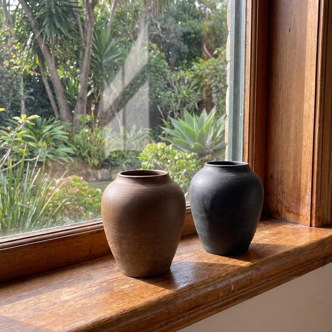 Heritage Classic Terracotta Vessel, Hand-Painted in Earthly Brown 7.8"D x 9.4"H