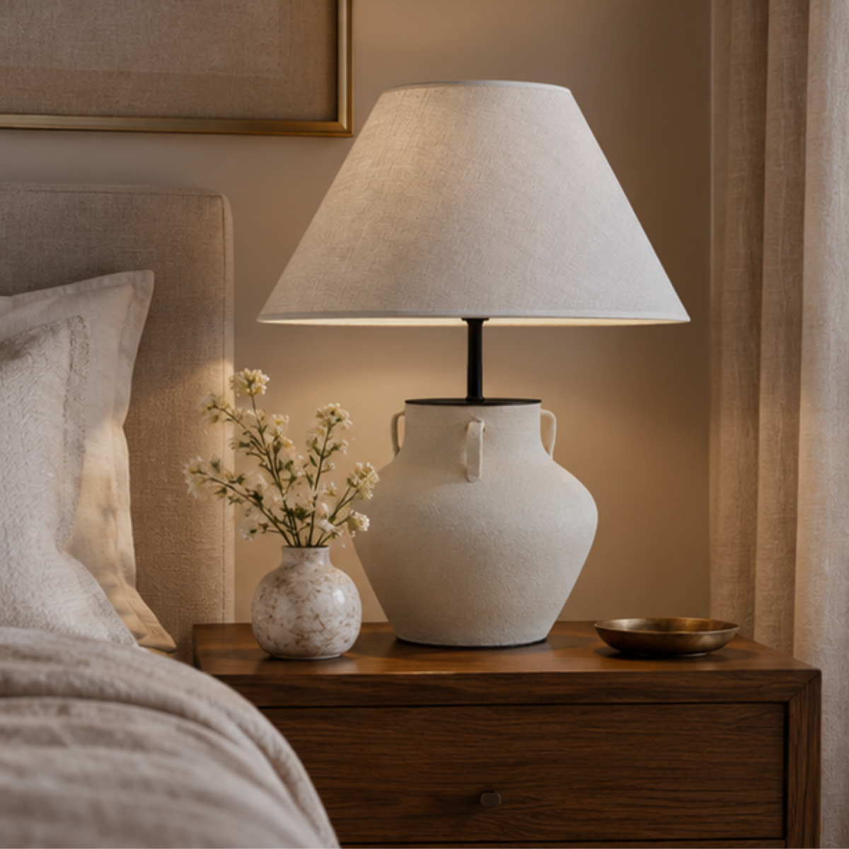 Iona, Sand-Hued Ceramic Base with Soft Linen Fabric Shade, 16.5" D x 20.5" H