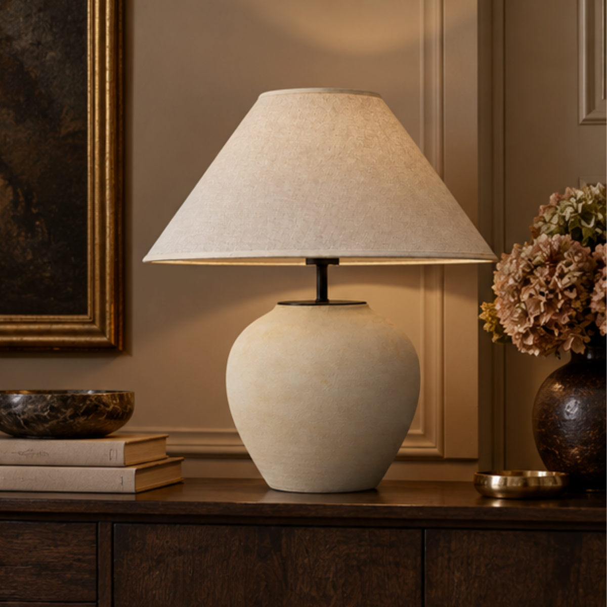 Luna, Sculpted Table Lamp, Moonlit Sphere with a Linen Shade 17.7" D x 22" H
